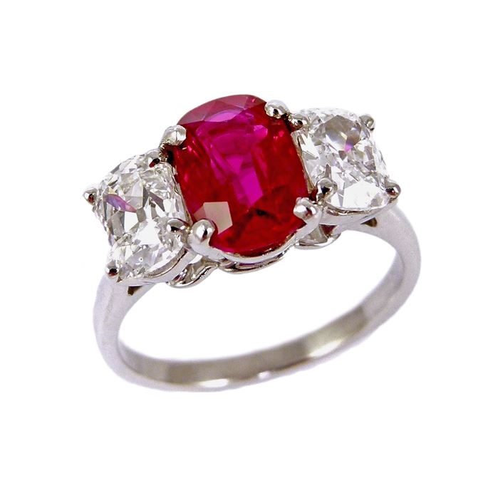 Three stone cushion cut Burma ruby and diamond ring | MasterArt
